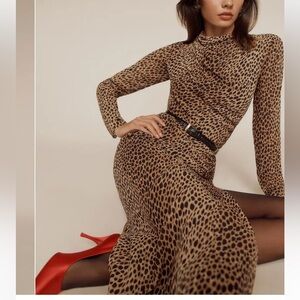 Reformation Tilda Dress in Catnip Midi Maxi Animal Print High Neck Side Slit 8